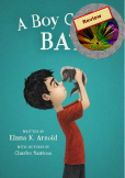 The front cover of the book has a boy with black hair wearing a red t-shirt and black trousers against a turquoise background. He is holding a skunk kit (baby) in his hands and their noses are pressed together.